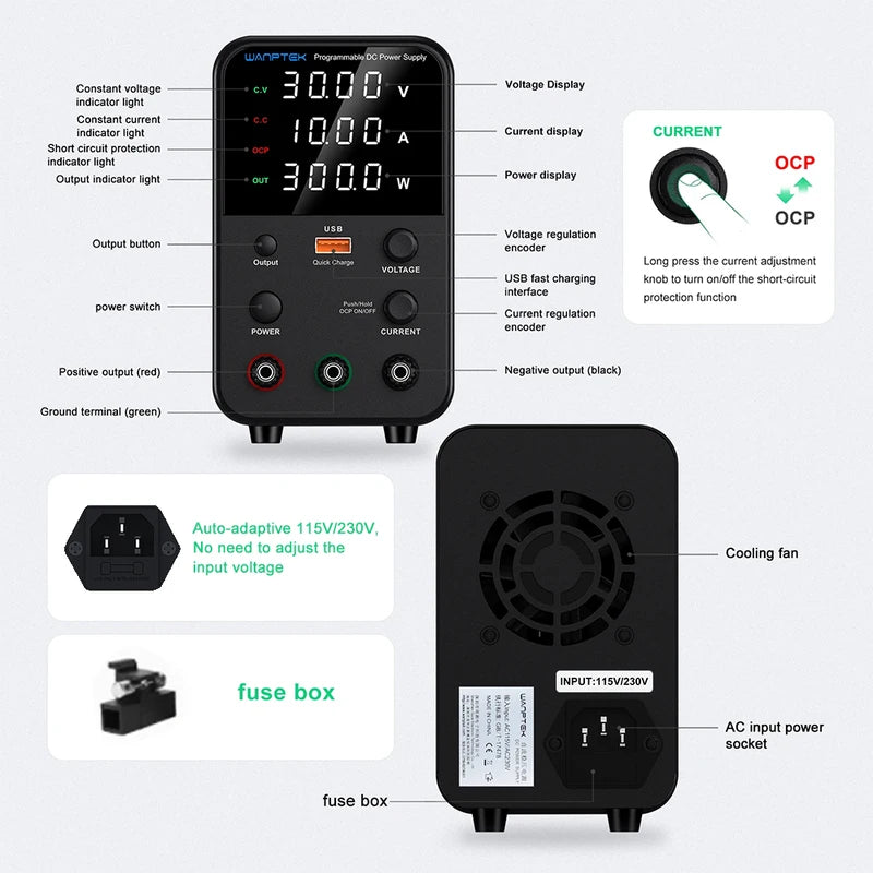 Laboratory DC Power Supply 30V 10A 60V 5A 120V 3A with USB Fast Charging, Adjustable Voltage & Current