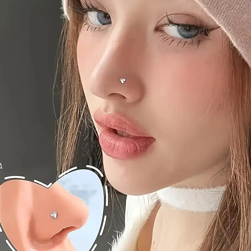 Titanium Steel Heart Nose Stud with Zirconia - Body Jewelry