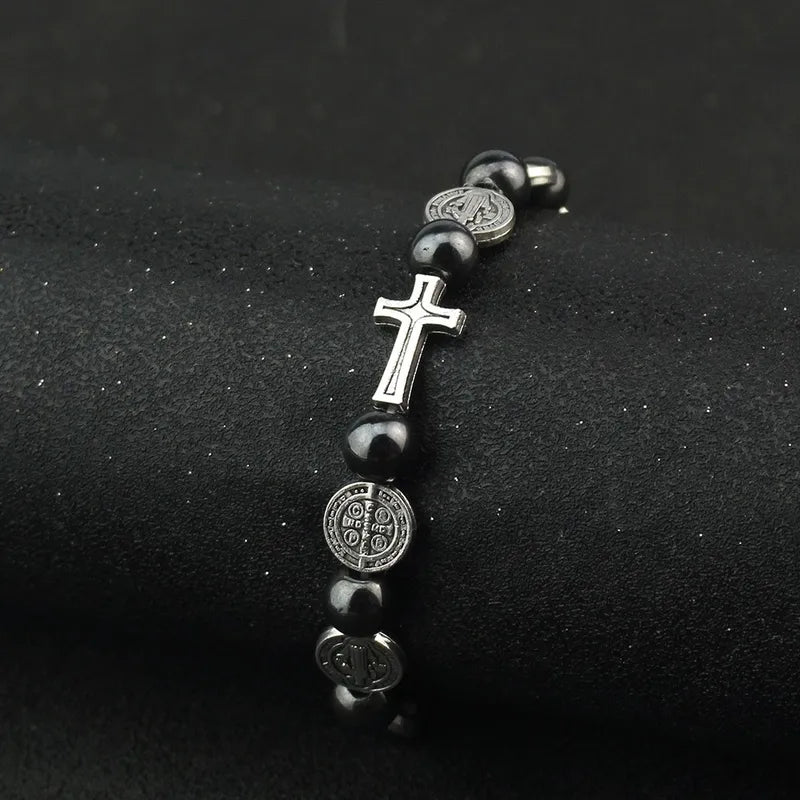 Catholic Rosary Bracelet with St. Benedict Medal Cross Prayer Jewelry Hematite Beads