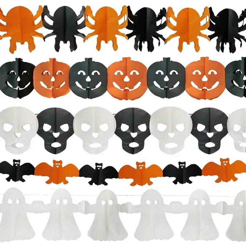 Halloween Paper Banner Garland with Spiders Pumpkins Ghosts Bats - Party Decorations