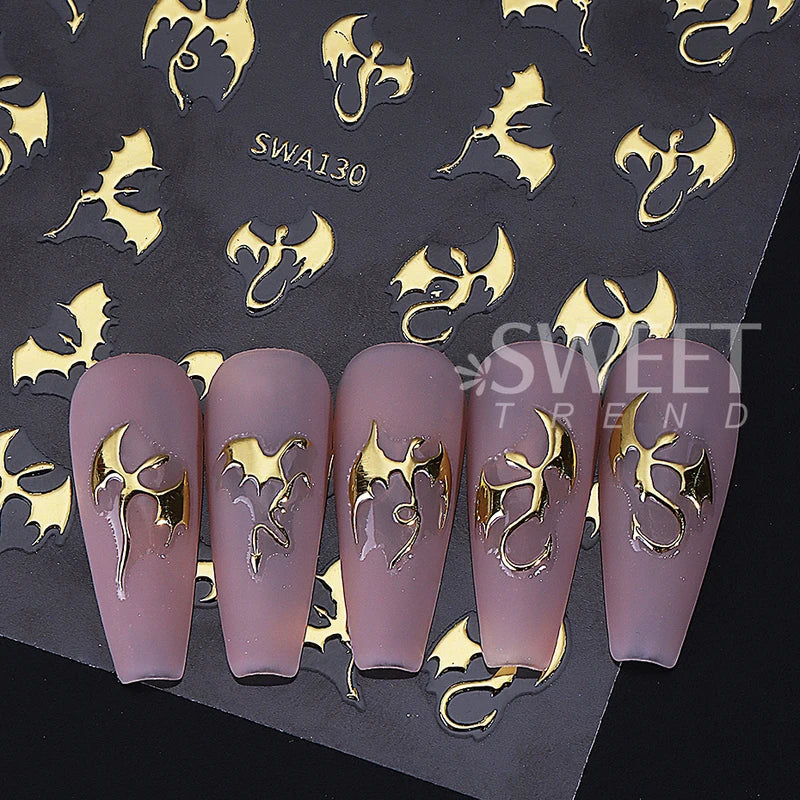 3pcs Metallic Flying Dragon Nail Stickers Halloween Nail Art Decals Gold Silver