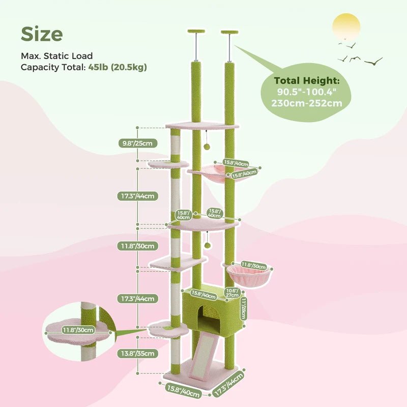 Adjustable Floor-to-Ceiling Cat Tree Tower with Cactus Design, Condo, Hammock & Scratching Post