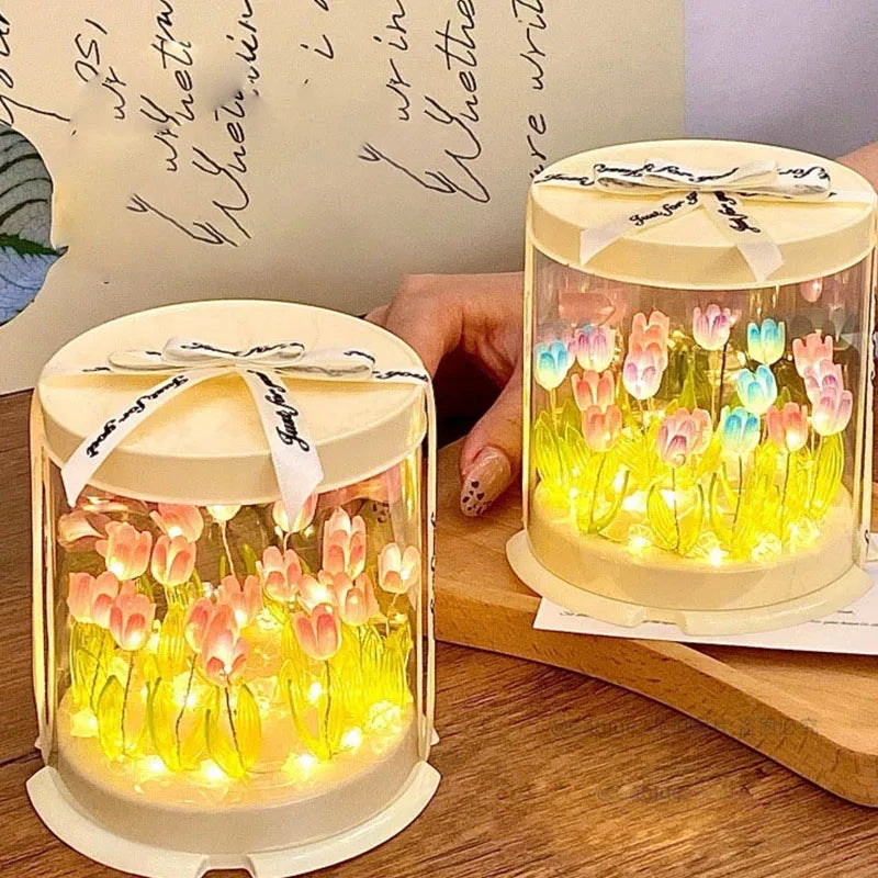 DIY Tulip Flower Sea Cake Box Night Light Lamp Decor - Handmade Bedroom Gift