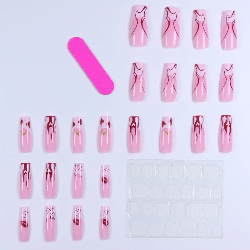 24pcs Square Fake Nail Set - Short Coffin Press On Nails for Girls Women Gift