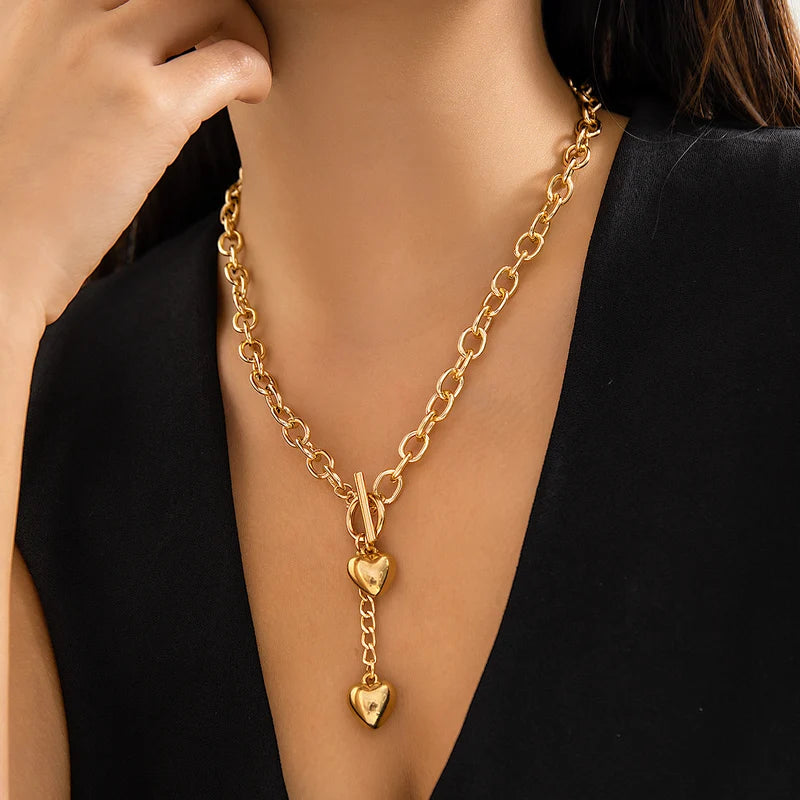 Retro Heart Pendant Necklace for Women Long Cross Chain Choker Gold Tone Punk Jewelry