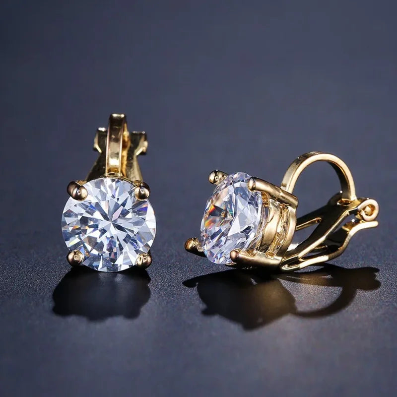 Round Cubic Zirconia Copper Clip Earrings for Women - Gold, Black, Rose & Rhodium Plated Jewelry