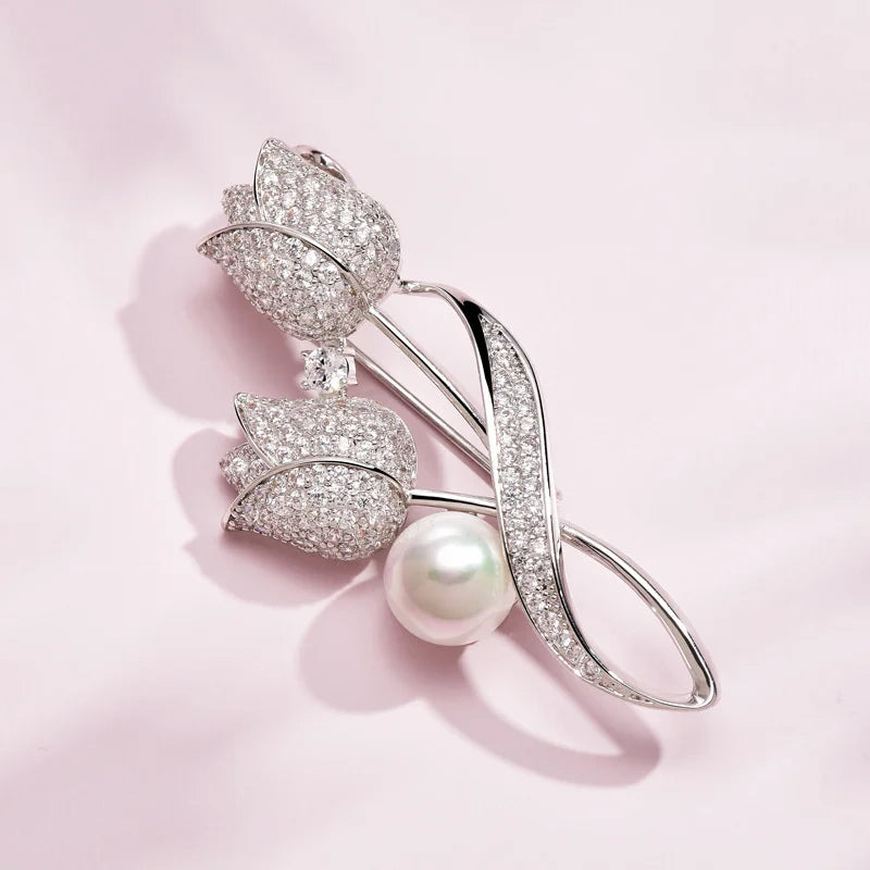 Luxury Tulip Flower Brooch with Rose White Stone - Elegant Jewelry Accessory