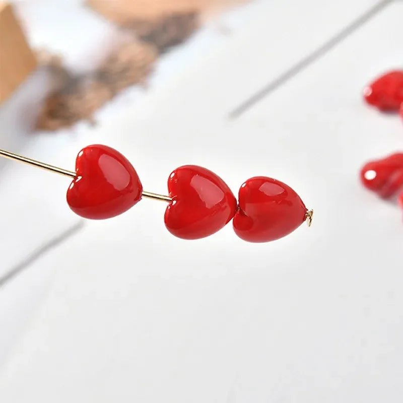 Red Heart Beads for Jewelry Making - 10pcs Resin DIY Necklace Earrings Bracelets