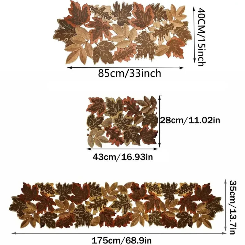 Autumn Maple Leaf Embroidered Table Runner with Flocked Design - Rustic Farmhouse Thanksgiving Decor