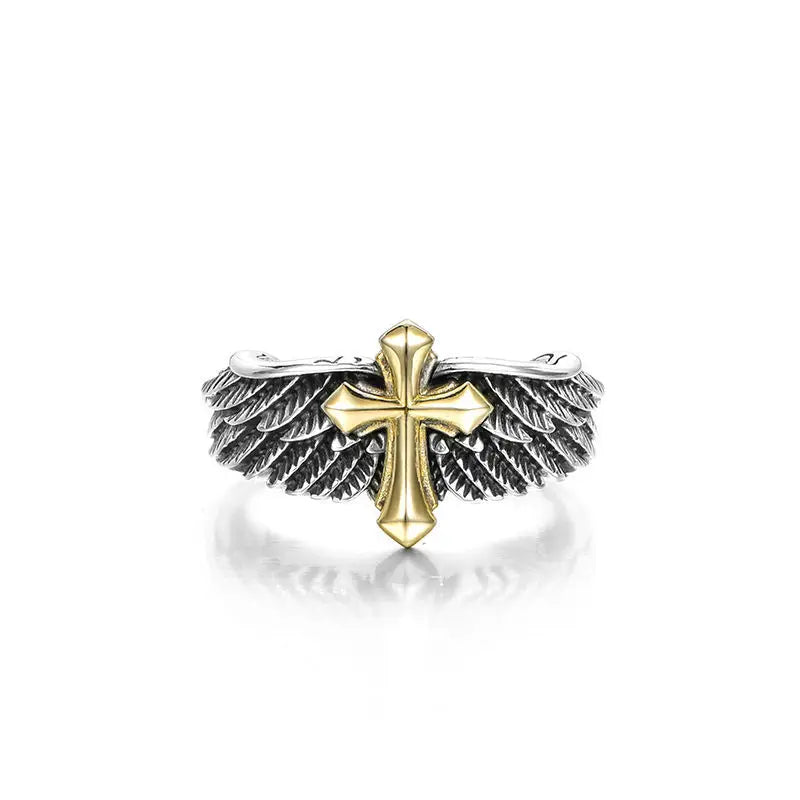 Unisex Retro Cross Feather Graffiti Punk Gothic Adjustable Ring Jewelry Gift