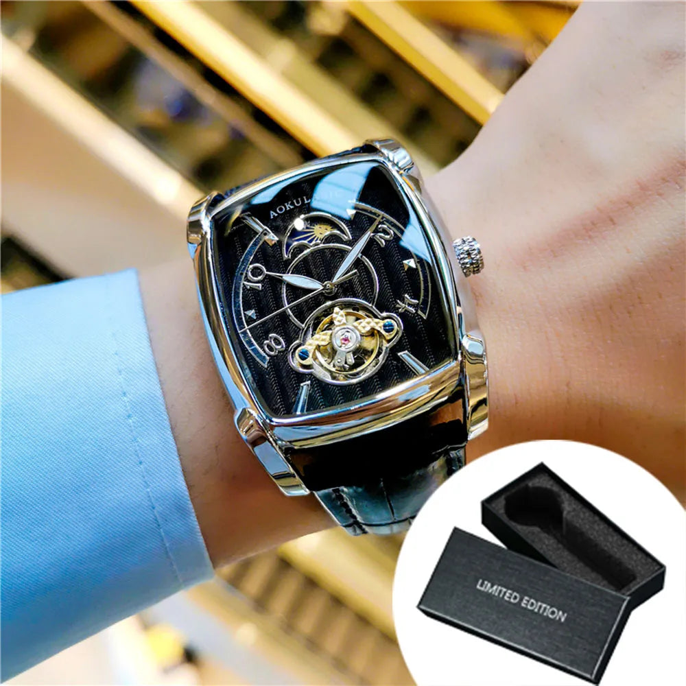 Men's Luxury Automatic Moon Phase Watch with Skeleton Dial Leather Strap