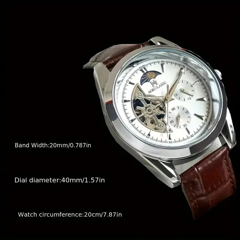 Men's Automatic Mechanical Watch with Moon Phase Skeleton Design - No Battery Needed