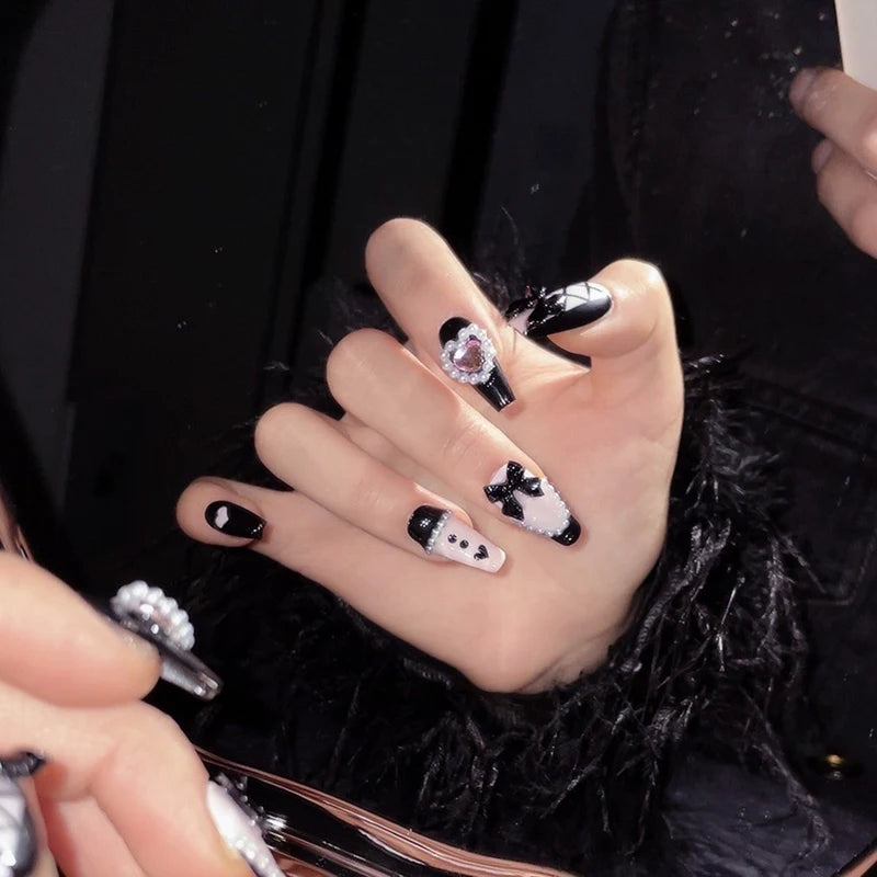 3D Fake Nail Set with Ribbon Bow Design - 10 pcs Colorful Press-On Acrylic Nails