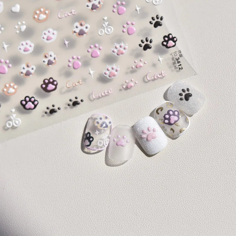 Cute Cat Nail Stickers - 3D Embossed Jelly Pink & Cartoon Paw Designs