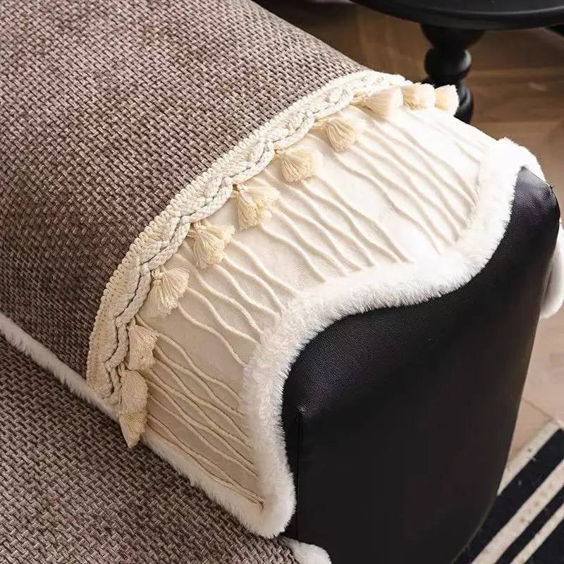 Chenille Sofa Cover with Velvet Hem & Tassels - Non-Slip All Seasons Decor