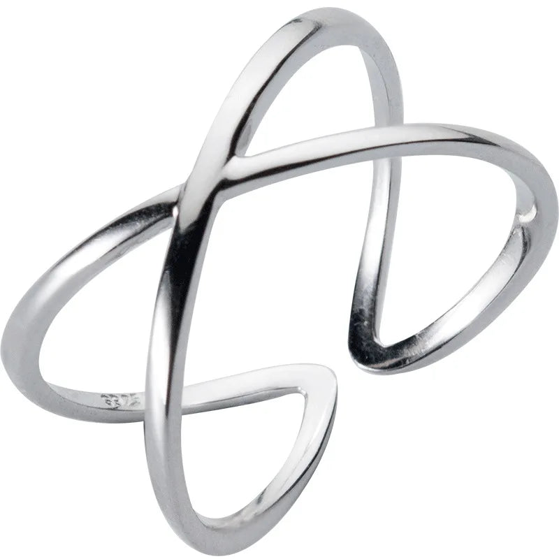 Geometric Sterling Silver Women's Open Ring - Irregular Cross Design Gift