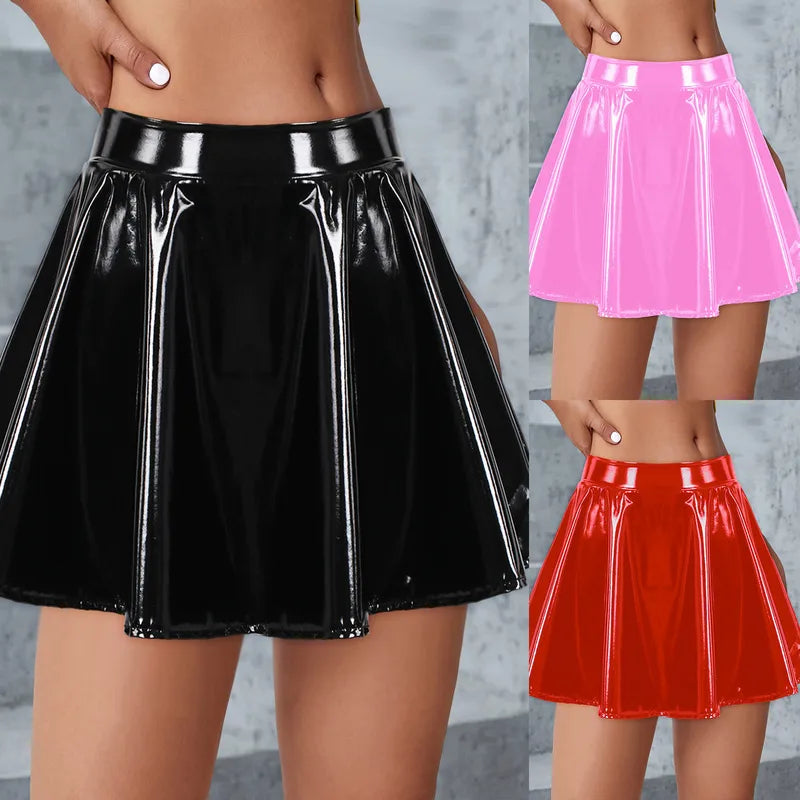 Women’s Latex Rave Skirt for Club Dance Performance Flared Mini Costume