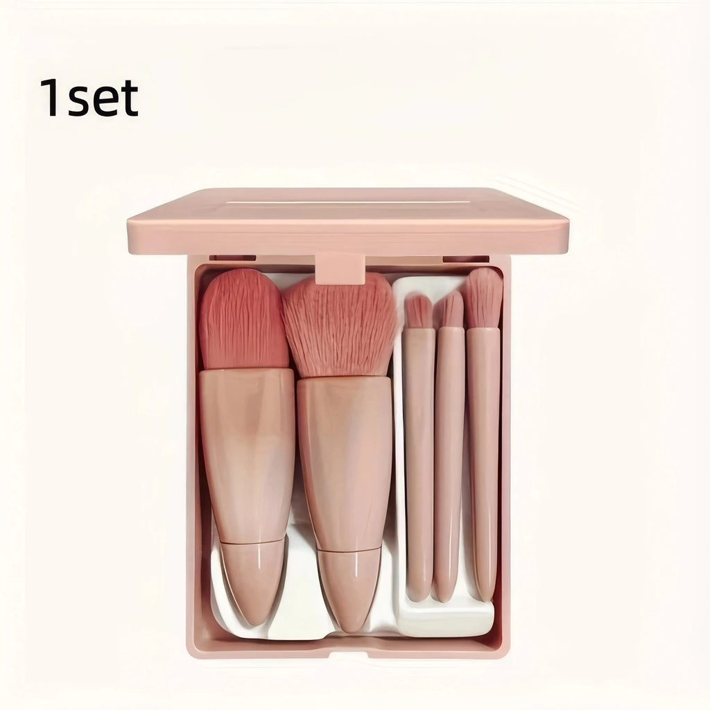 Pink Makeup Brush Set with Mirror Compact - 5 Soft Bristles for Face & Eye Makeup
