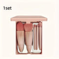 Pink Makeup Brush Set with Mirror Compact - 5 Soft Bristles for Face & Eye Makeup