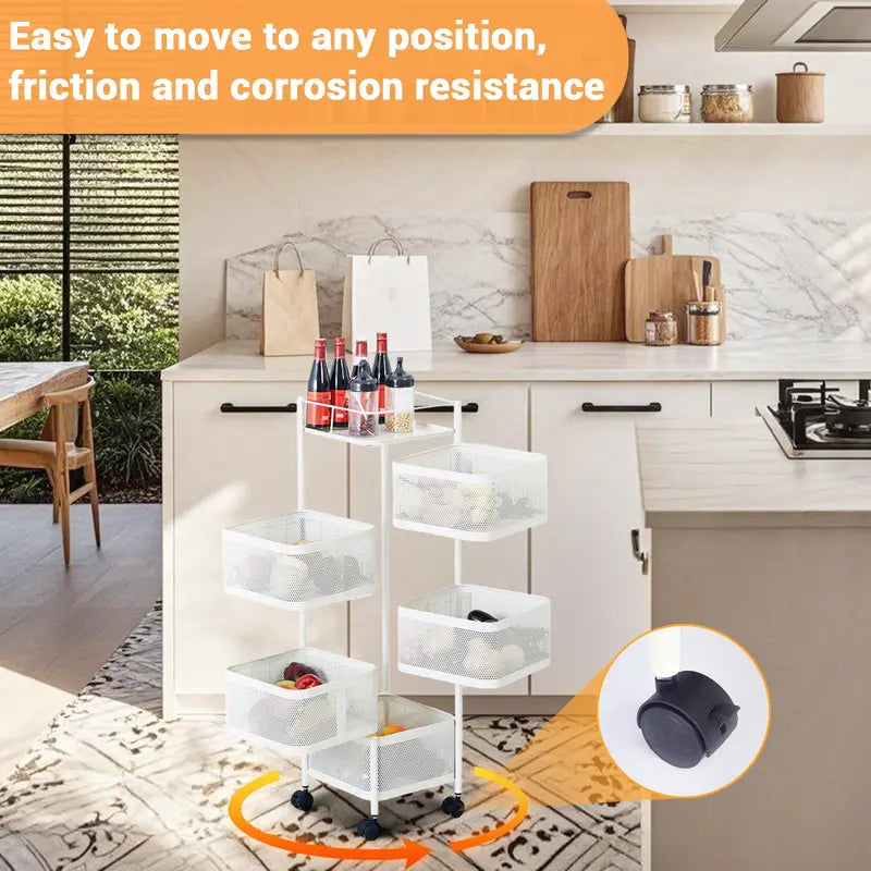 5-Tier Rotating Storage Cart with Mesh Baskets - Mobile Kitchen & Pantry Organizer