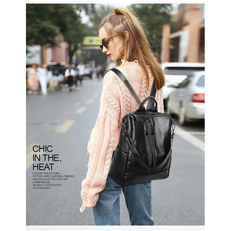 Women’s Large Capacity Leather Backpack - Casual School Shoulder Bag for Travel & College