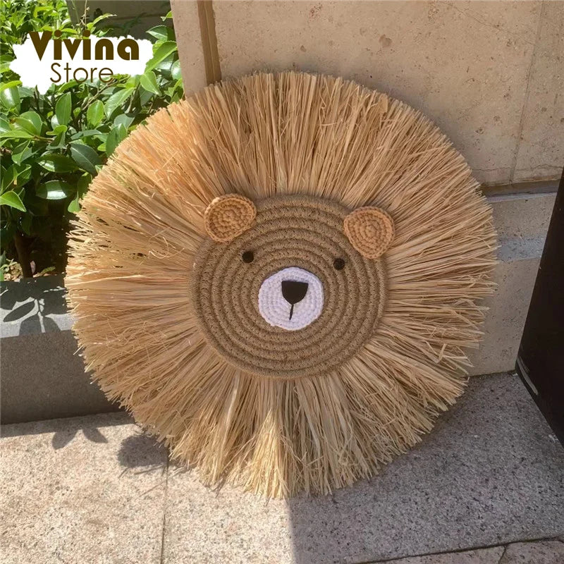 Nordic Hand Woven Lion Wall Decor Cartoon Animal Head Wall Hanging Children Room Art