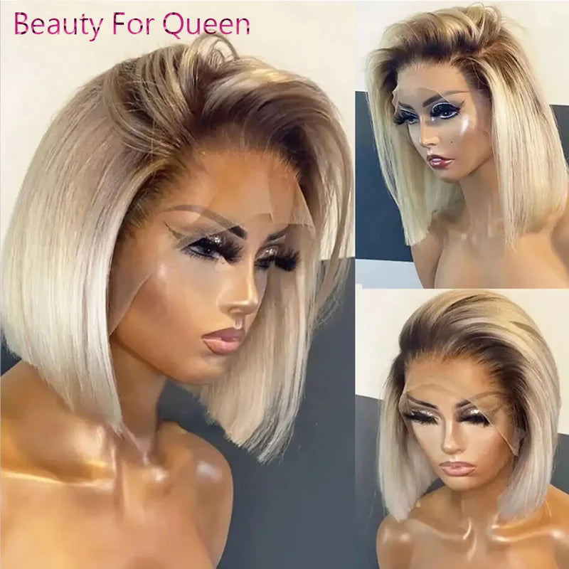 Ombre Blonde Short Bob Lace Front Human Hair Wig 180% Density for Women