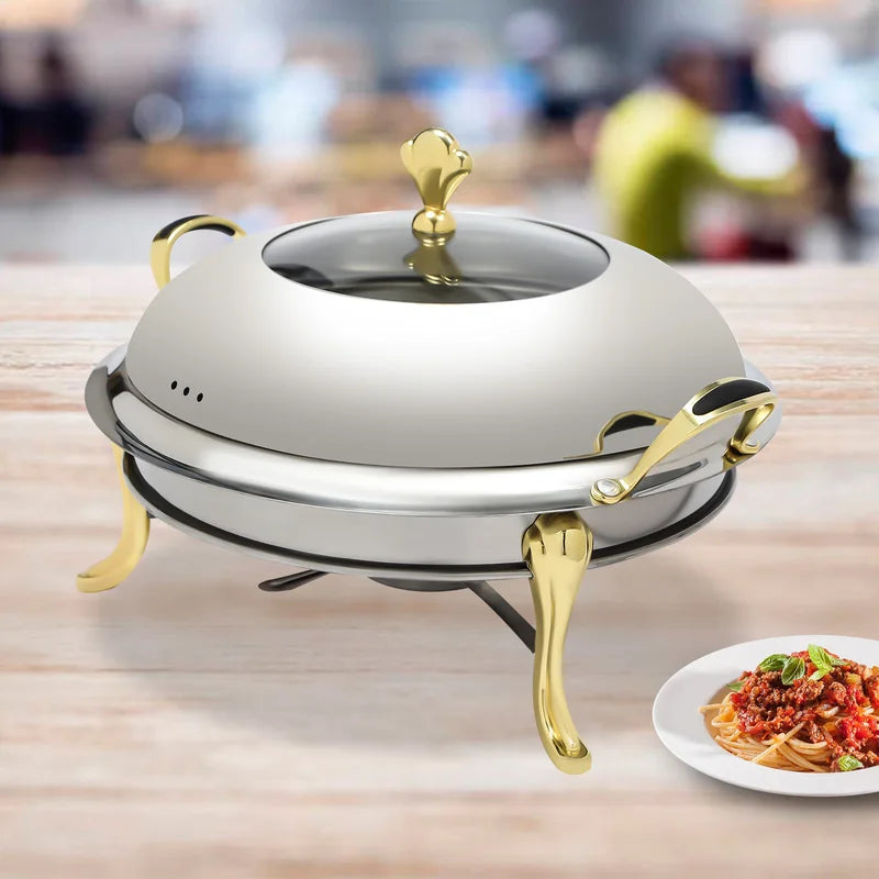 Gold Stainless Steel Round Chafing Dish 2.64QT Buffet Food Warmer for Parties Weddings