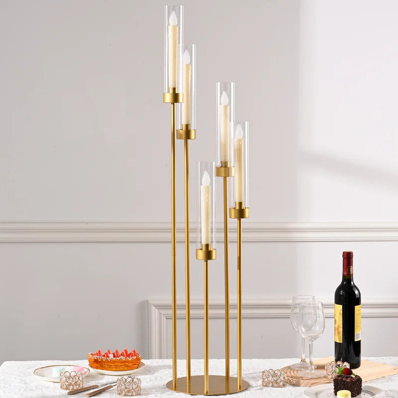 Gold 5-Arm Floor Candle Holders Set with Acrylic Shades for Weddings & Events