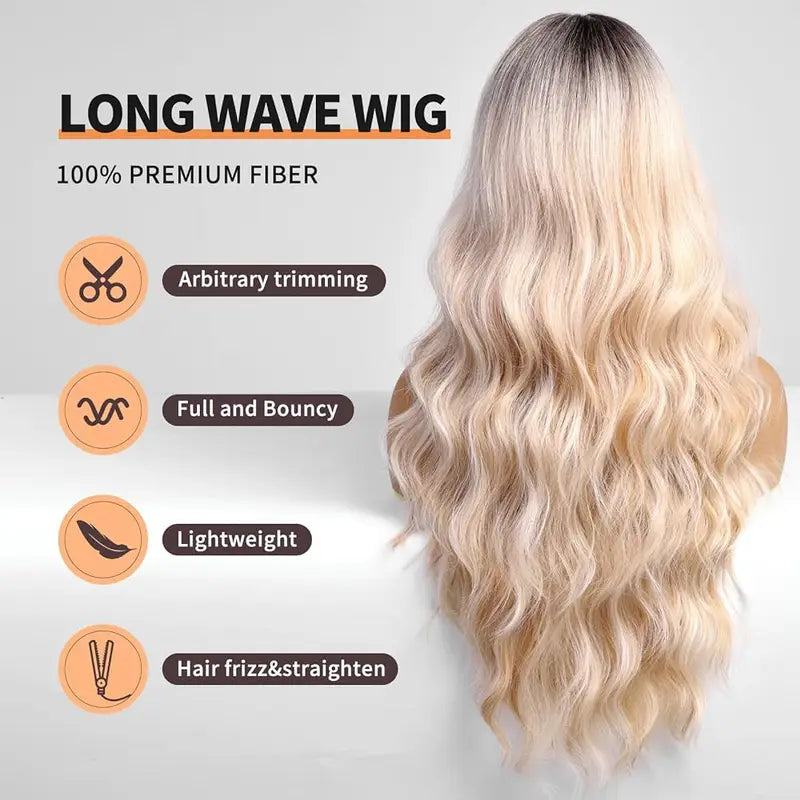 Long Blonde Ombre Wavy Synthetic Wig with Bangs for Women - Heat Resistant Cosplay & Daily Wear