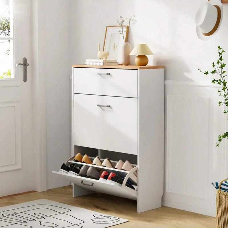 Slim Shoe Cabinet Storage for Entryway with 3 Drawers - White, Rustic Brown & Dark Rustic Oak Variants