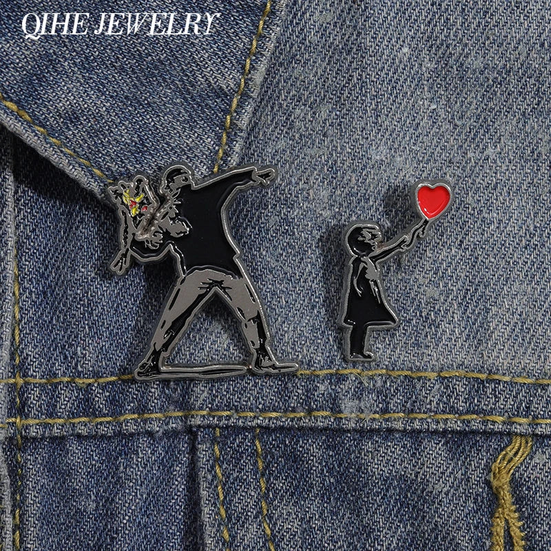 Banksy Art Design Brooch Enamel Pin with Flower Thrower & Girl Badge - Jewelry Gift