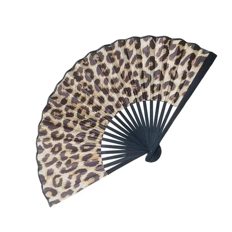 Leopard Print Folding Fan with Black Frame - Elegant Classical Dance Accessory for Women