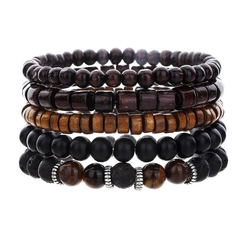 Multi-layer Wooden Bead Bracelet Set for Men - Adjustable Rustic Style Jewelry