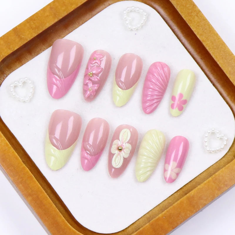 10PCS Medium Length Almond Fake Nail Set French Pointed Acrylic Nails