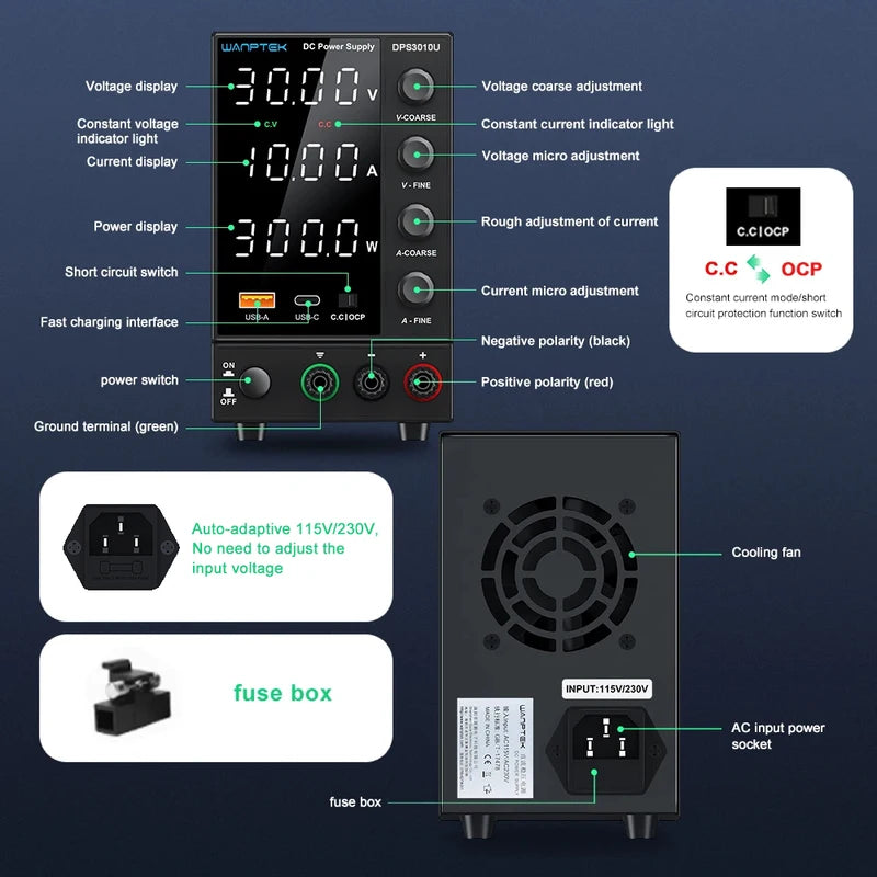 Laboratory DC Power Supply 30V 10A 60V 5A 120V 3A with USB Fast Charging, Adjustable Voltage & Current