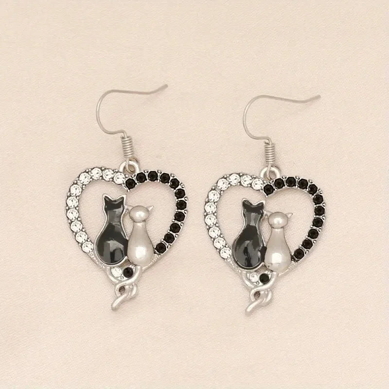 Couple Cats Love Earrings for Women - Cute Heart-Shaped Hanging Jewelry
