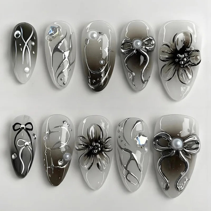 24-Piece Gothic Press-On Nail Set - Purple Flower Swirl Fake Nails for Women