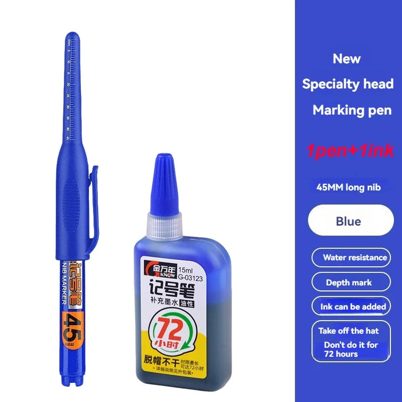 Waterproof Carpenter Pen Set 45mm Long Nib Deep Hole Marking Tool Black White Ink