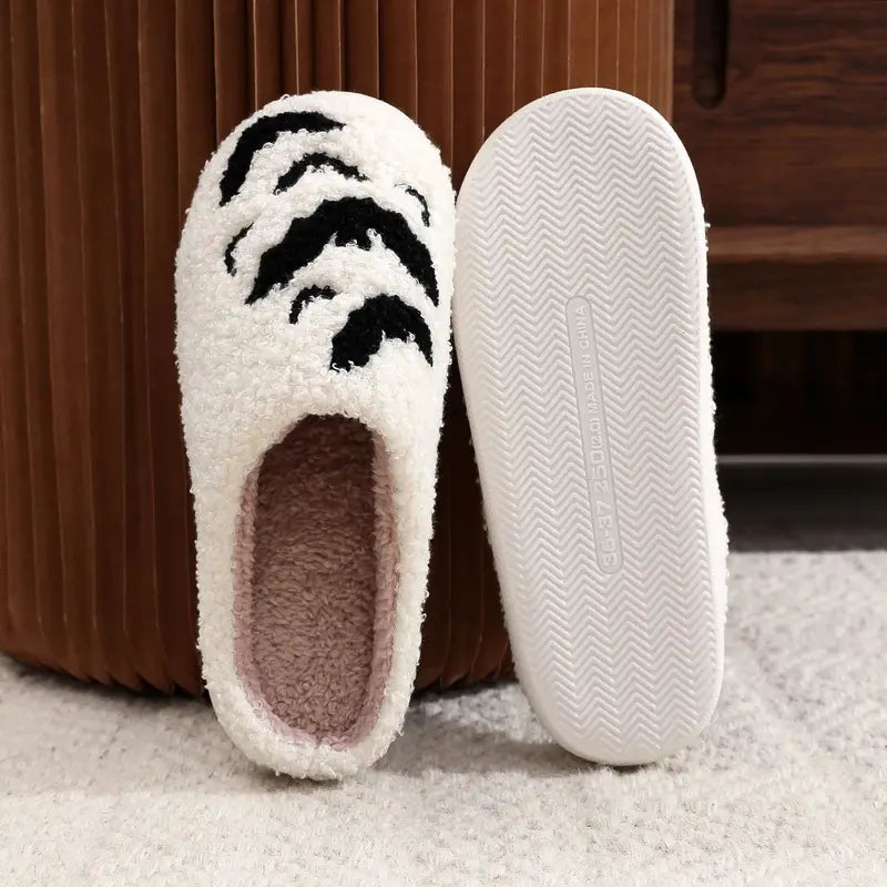 Halloween Bat Pattern Embroidered Plush Indoor Slippers - Non-Slip Warm Woolen Cotton Footwear for Men & Women
