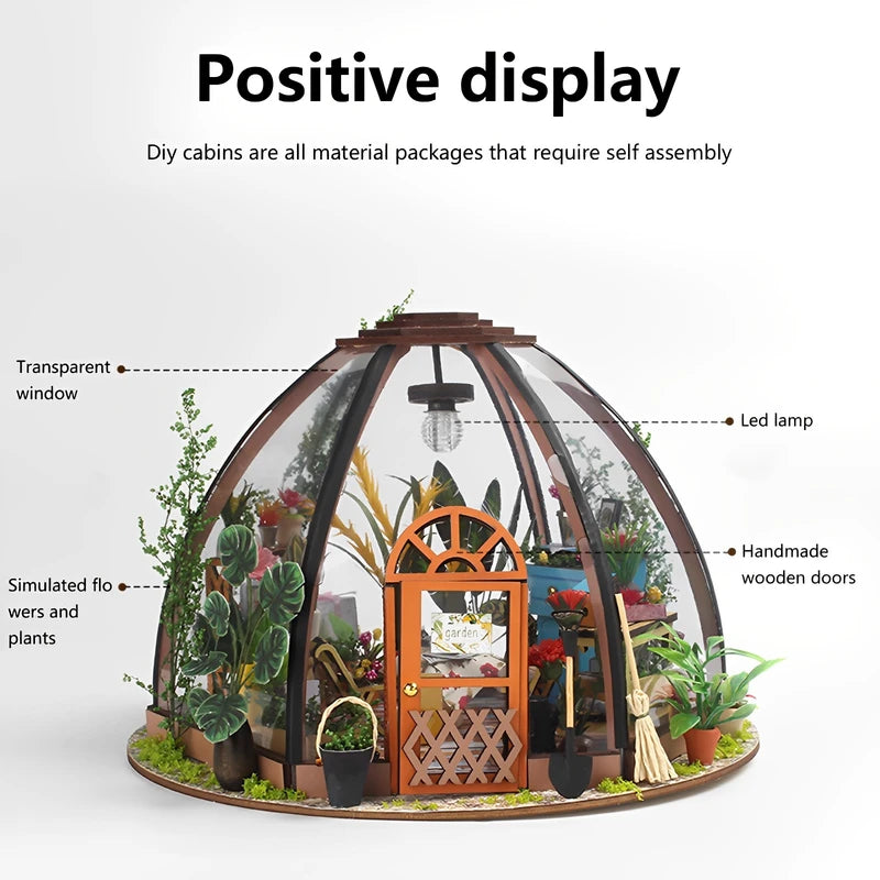 Miniature Garden House Kit with Furniture, LED Light and Wooden Greenhouse Model