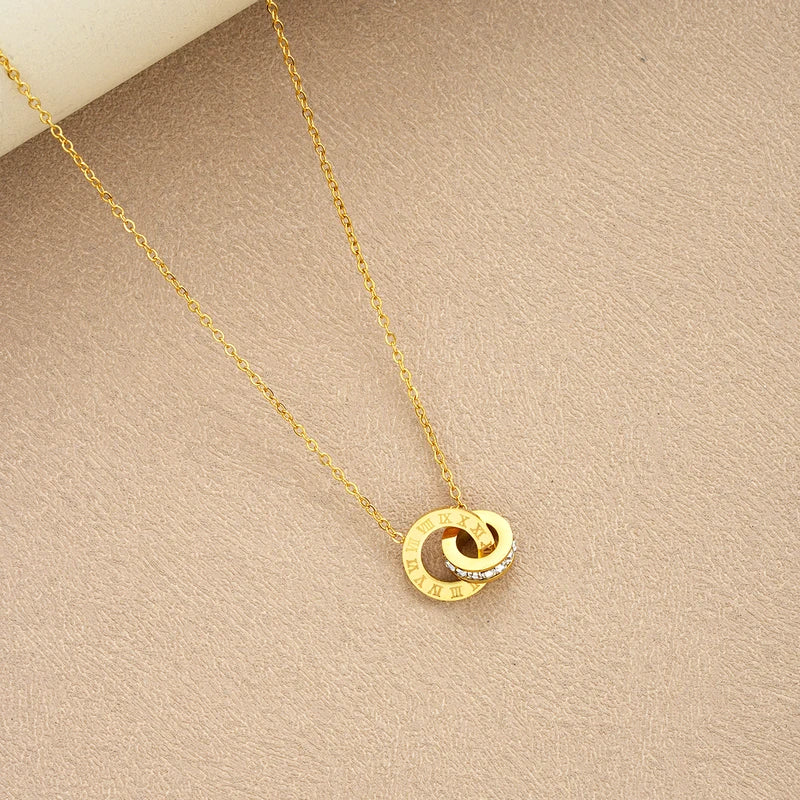 Gold Color Stainless Steel Jewelry Set with Necklace Bracelet Earrings for Women - Interlocking Circles & Roman Numerals - 4 Pieces