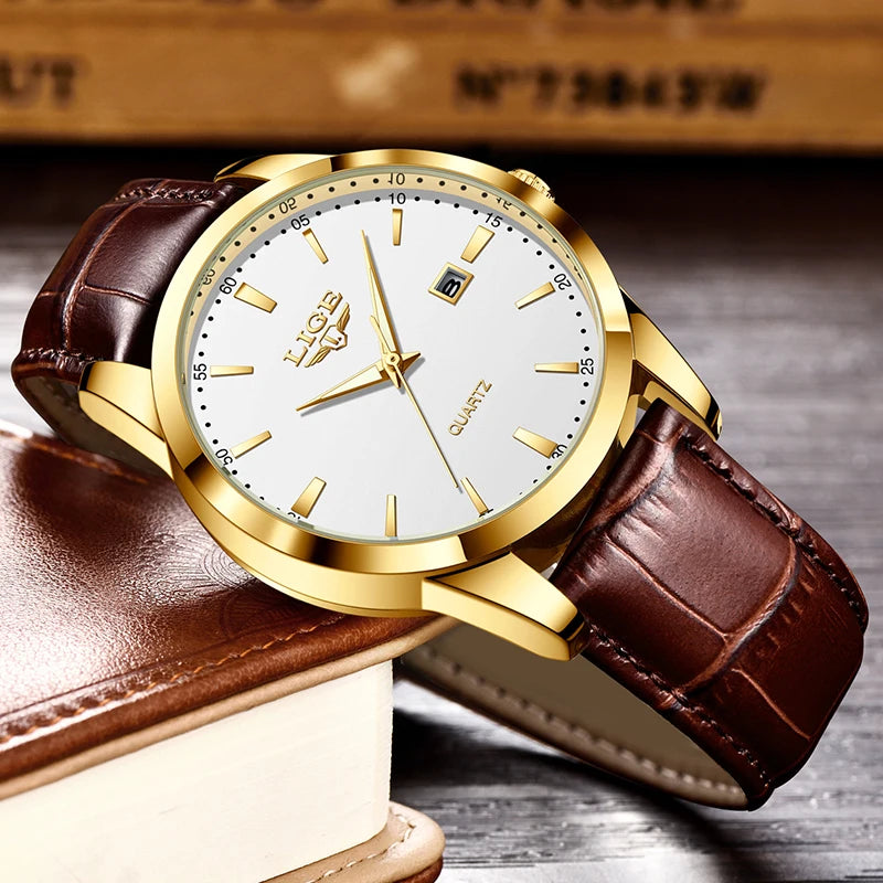 Men's Waterproof Sport Quartz Watch with Leather Strap - Casual Military Style