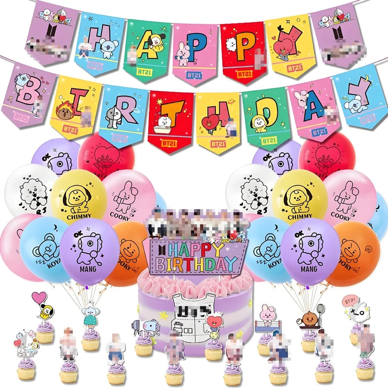 BT21 Birthday Flag and Balloon Decoration Set - Party Supplies for Celebration