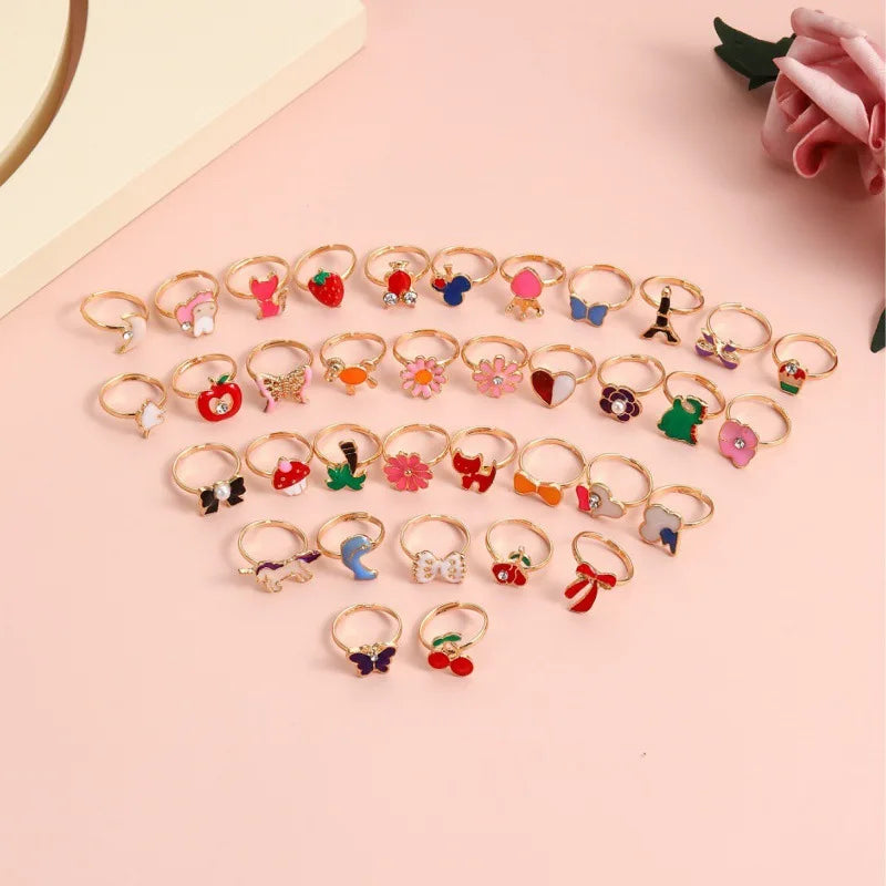 Kids Adjustable Animal Jewelry Rings Set - Cartoon Crystal Open Finger Rings for Children & Girls