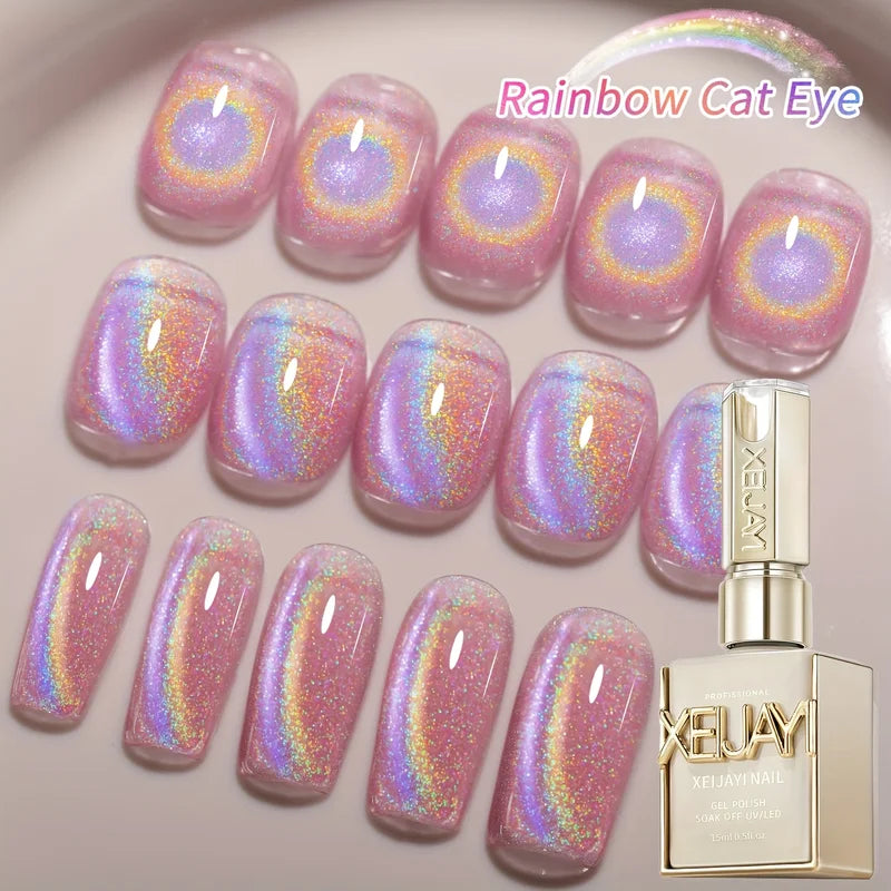 15ml Pink Cat's Eye Gel Nail Polish with Magnetic Flash UV LED Durable Manicure