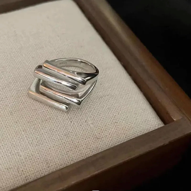 Sterling Silver Geometric Ring for Women Handmade Irregular Retro Gold Zircon