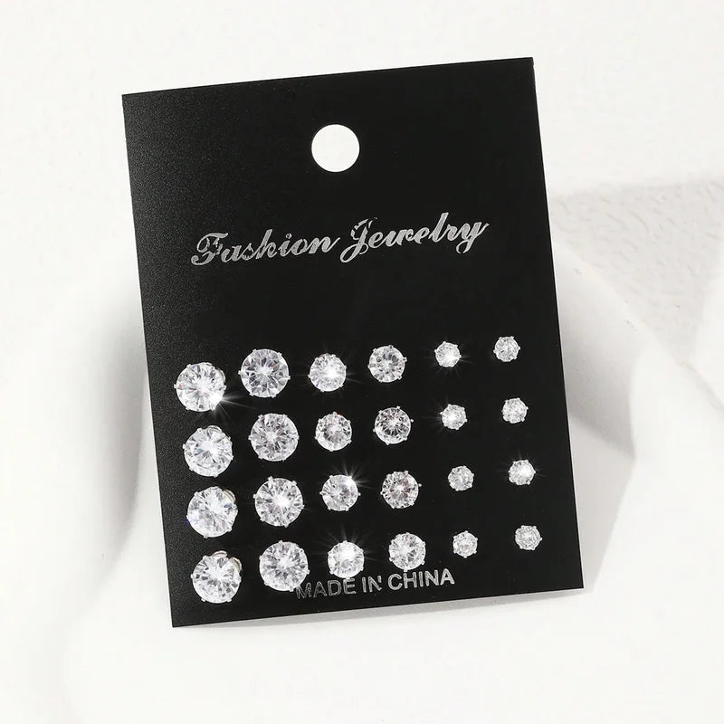 12 Pairs Cubic Zirconia Stud Earrings Set