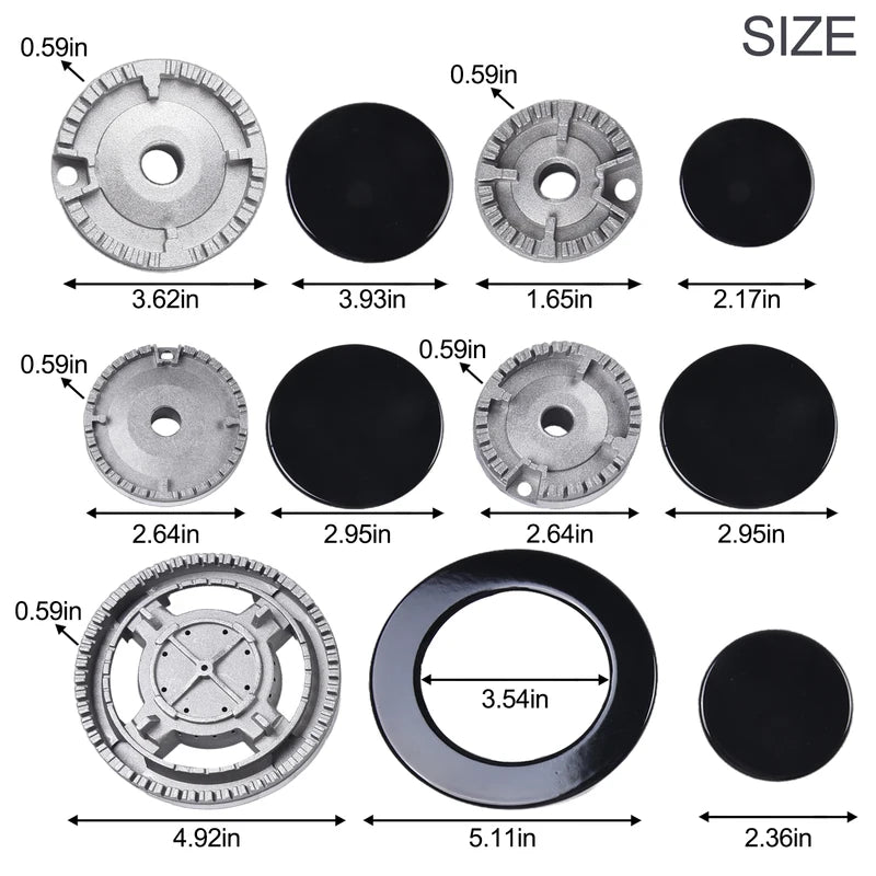 Gas Stove Burner Cover Set for Sabaf Range - Flame Diffusers & Crown Caps