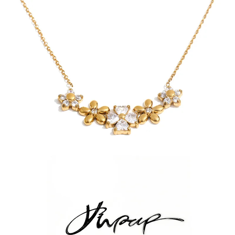 Stainless Steel Zirconia Flower Necklace Pendant 18K Gold Plated Jewelry